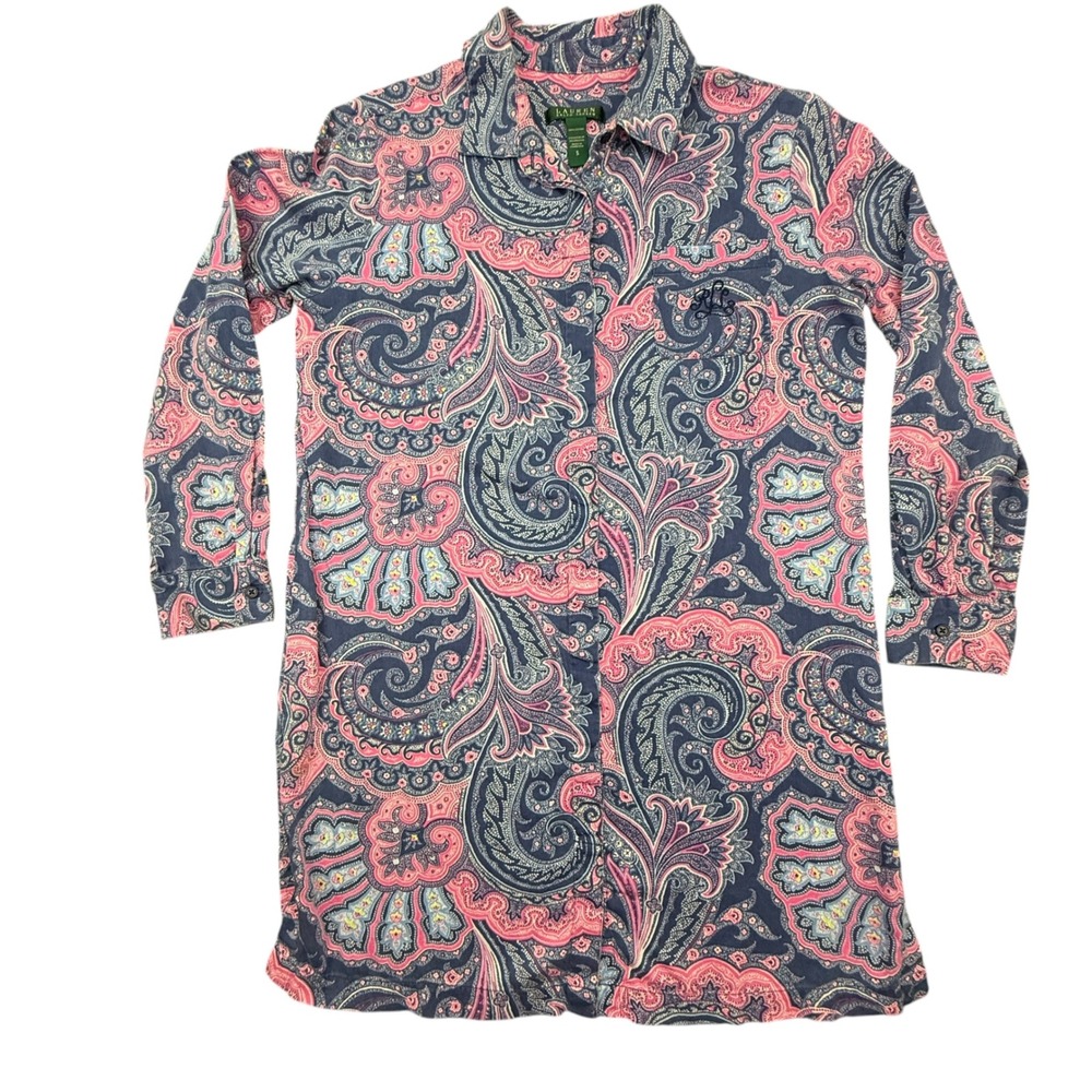 Lauren Ralph Lauren Nightgown‎ Women Small Blue Pink Paisley Cotton Sleepwear